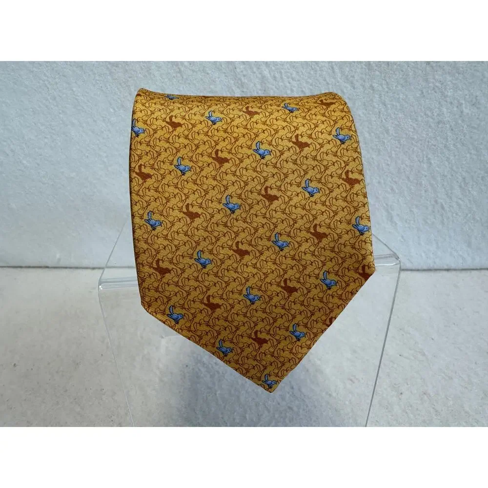 Tom James Executive Collection 100% Silk Tie Yellow with Rust and Blue Birds NWT